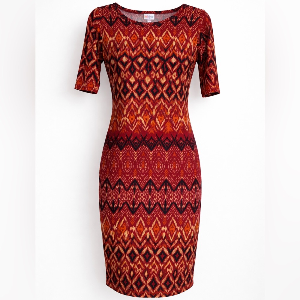 LuLaRoe Julia Dress XXS | Red Tribal Geometric Print‎ | Bodycon Midi